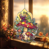 Frog Reading Acrylic Suncatcher, Stained Glass Style Mushroom Snail Forest Window Hanging, Whimsical Cottagecore Nature Lover Gift Decor